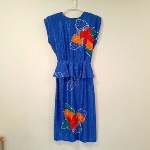 80's Sheath Hibiscus Dress with Peplum